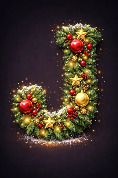 Christmas Letter J Decorated With Ornaments And Lights