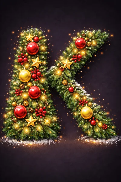 Christmas Letter K Made Of Pine Branches And Ornaments