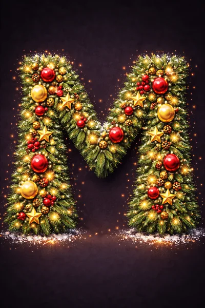 Christmas Letter M Made Of Pine Branches And Ornaments