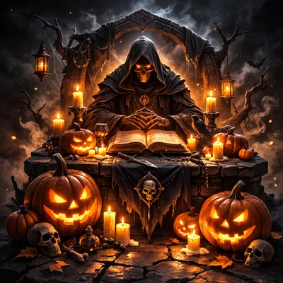 Grim Reaper Reading Spellbook at Halloween Altar