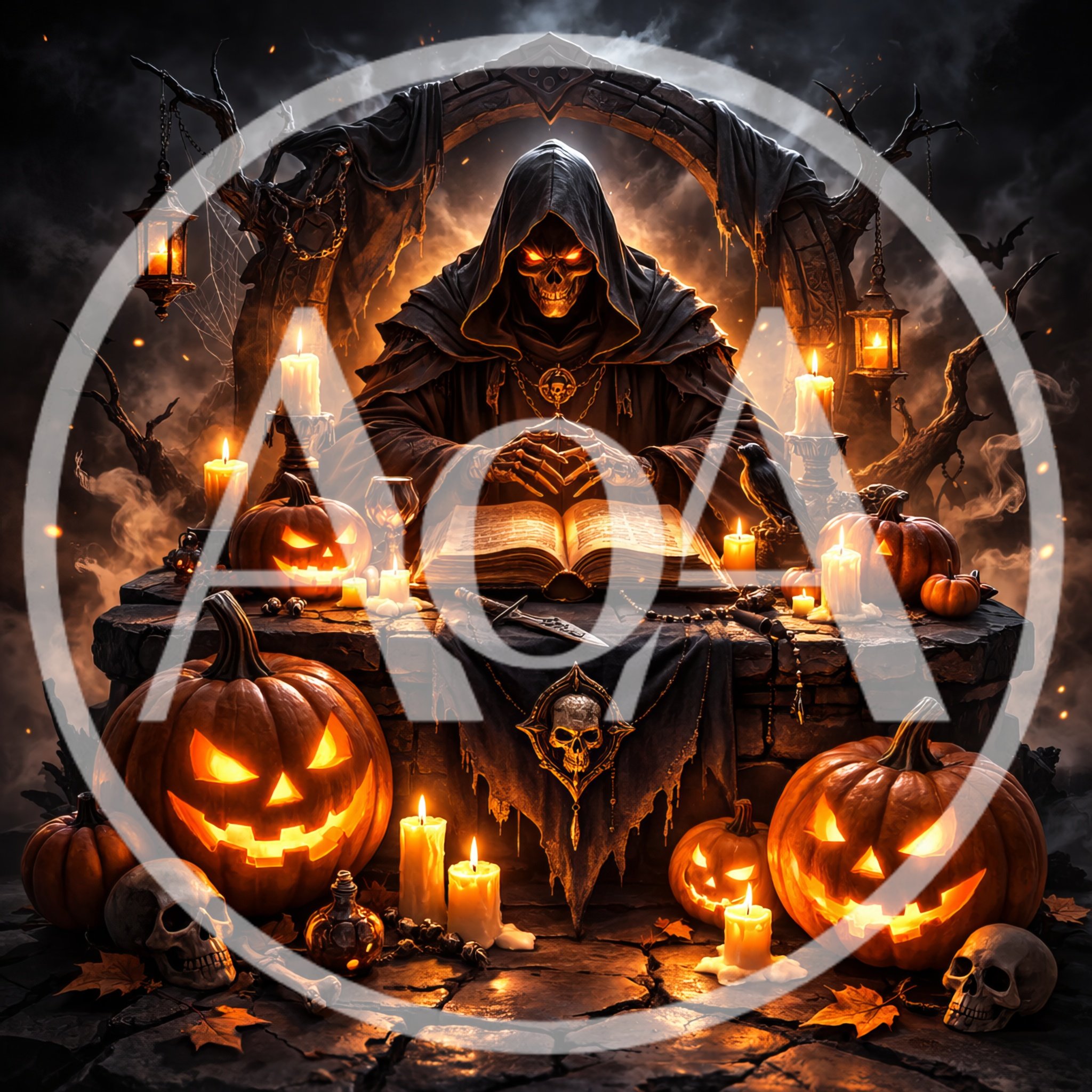 Grim Reaper Reading Spellbook at Halloween Altar