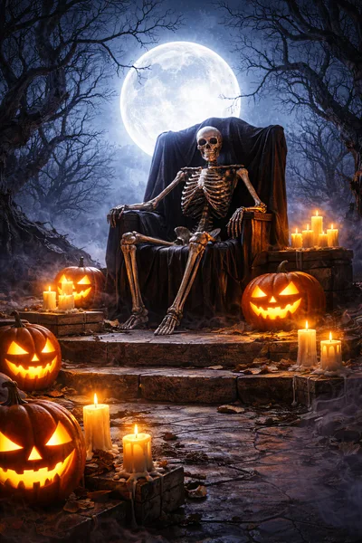 Skeleton Sitting On A Throne In A Spooky Forest