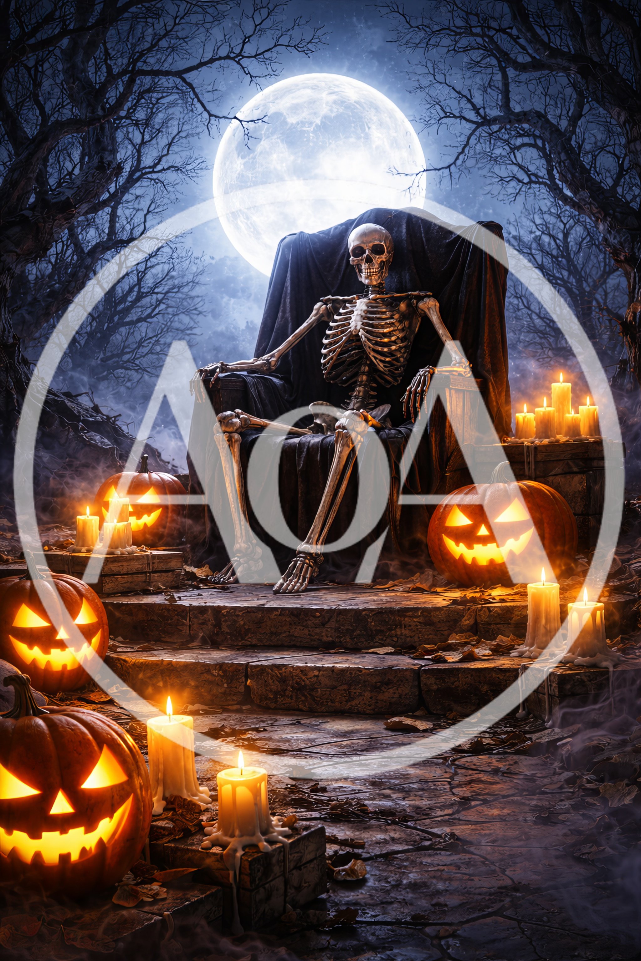 Skeleton Sitting On A Throne In A Spooky Forest