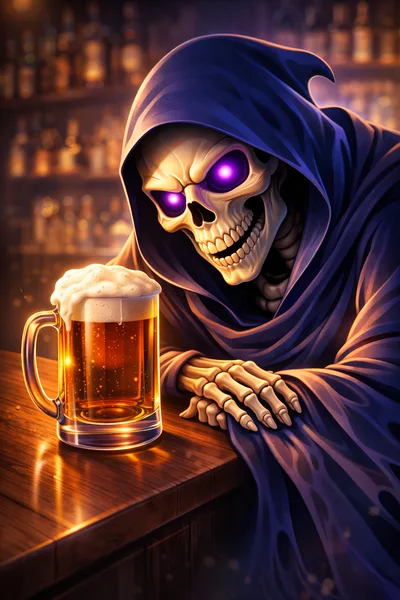 Grim Reaper Skeleton Drinking Beer at a Bar