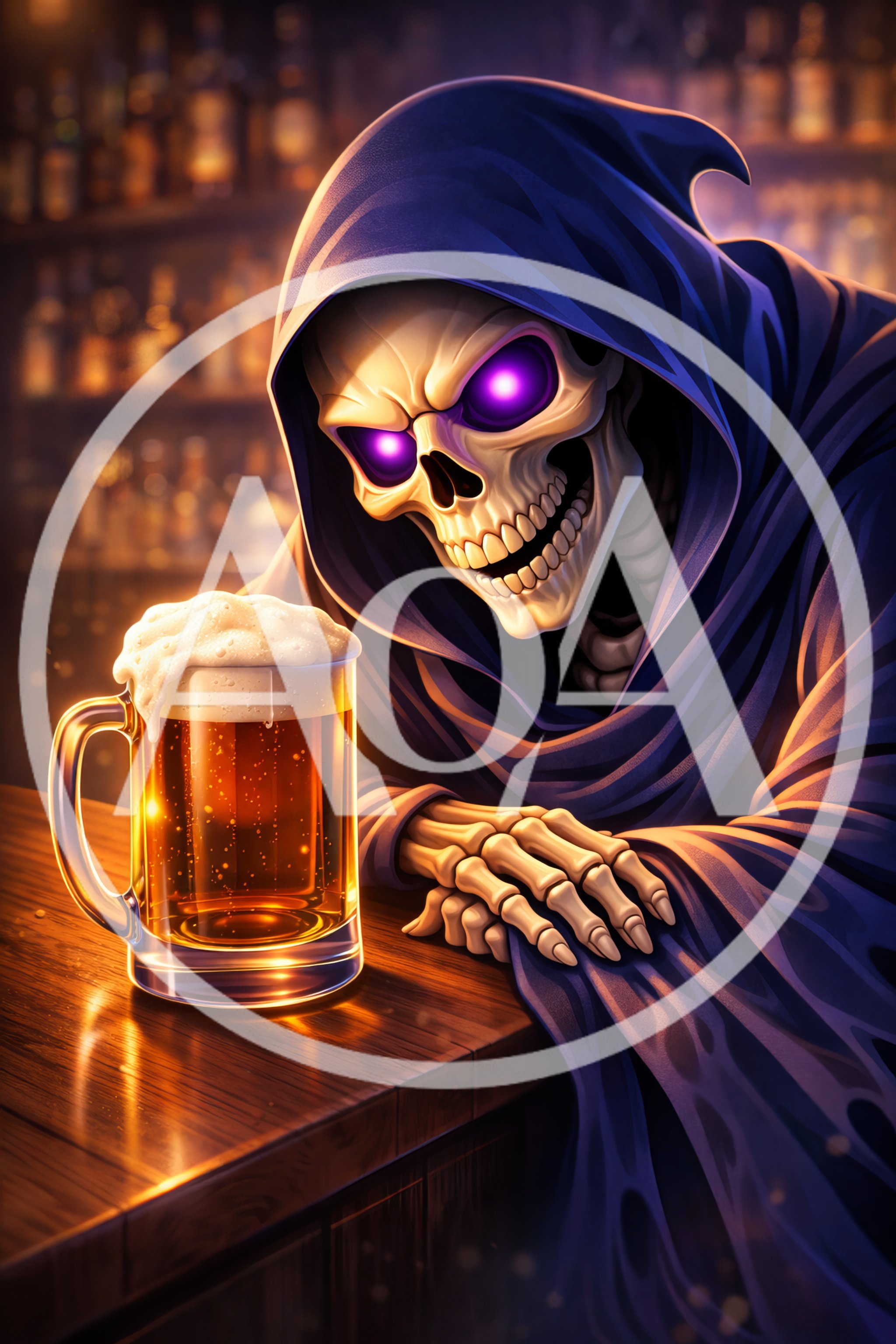 Grim Reaper Skeleton Drinking Beer at a Bar