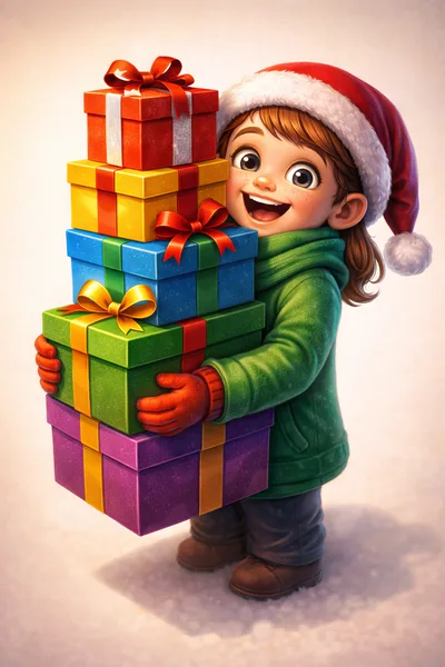 Happy Child Holding A Stack Of Christmas Gifts