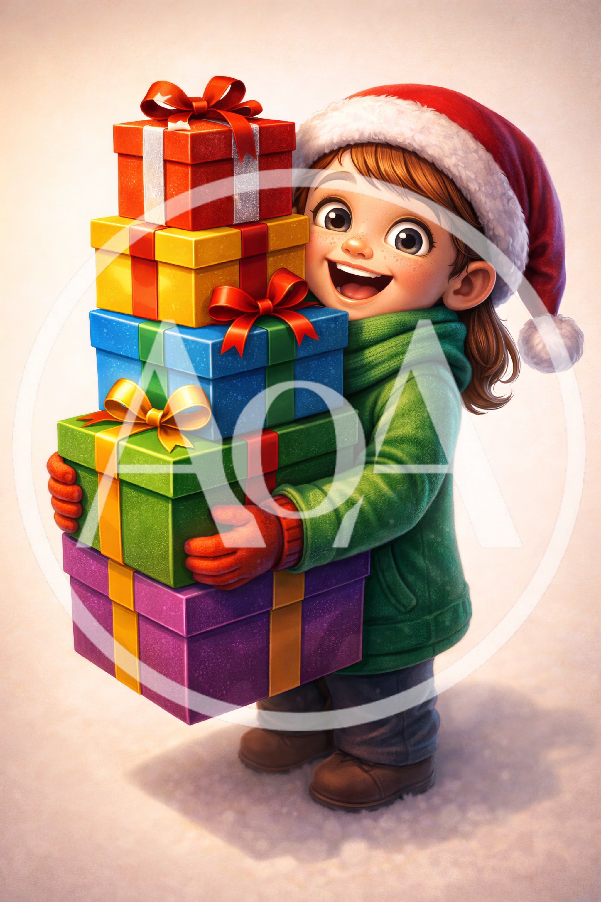 Happy Child Holding A Stack Of Christmas Gifts