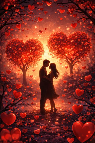 Romantic Couple Embracing Under Heart Shaped Trees