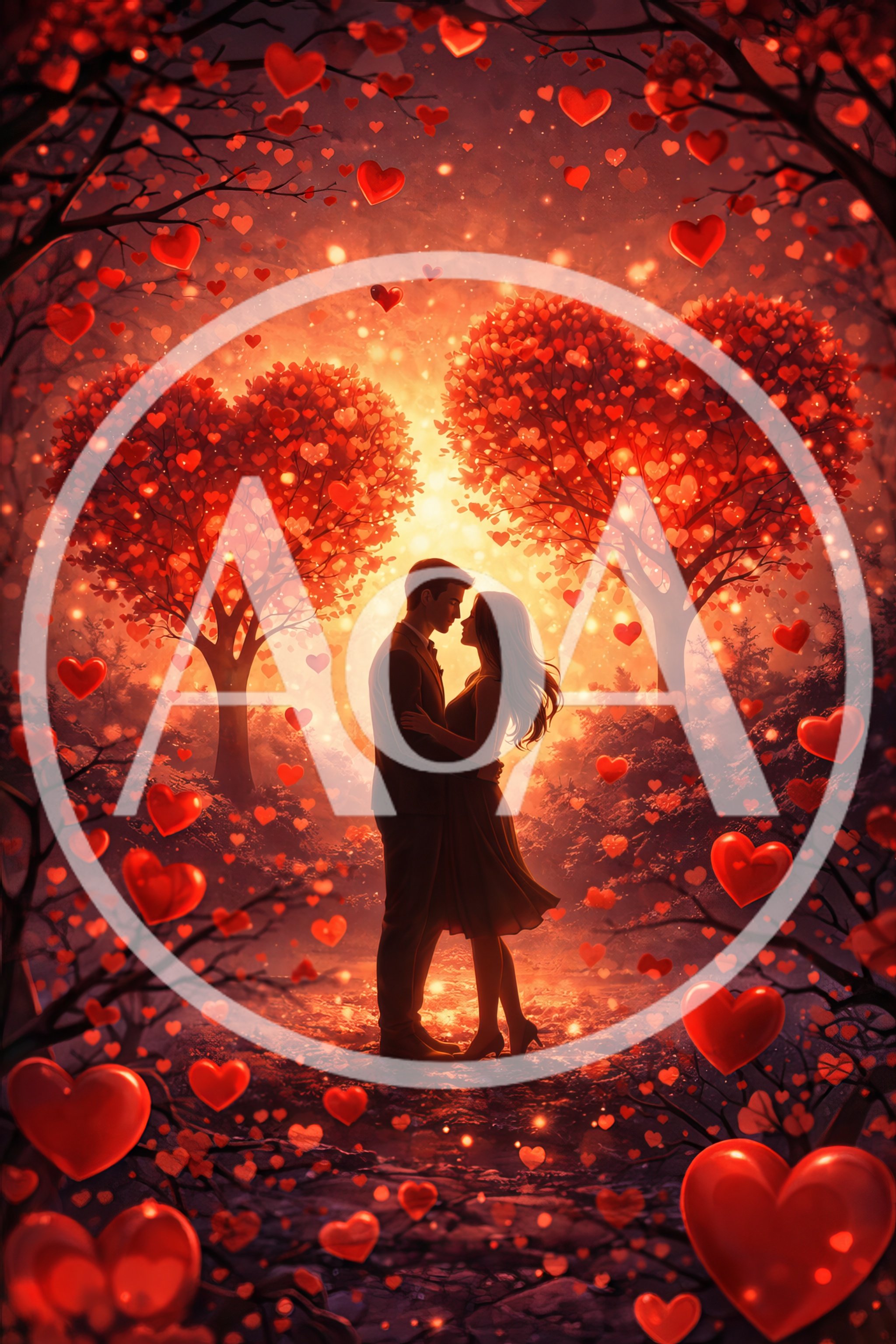 Romantic Couple Embracing Under Heart Shaped Trees