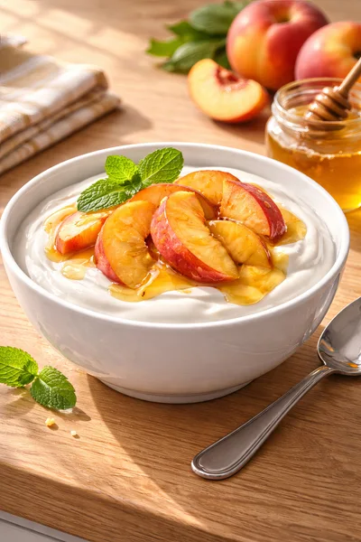 Bowl Of Greek Yogurt With Fresh Peaches And Honey