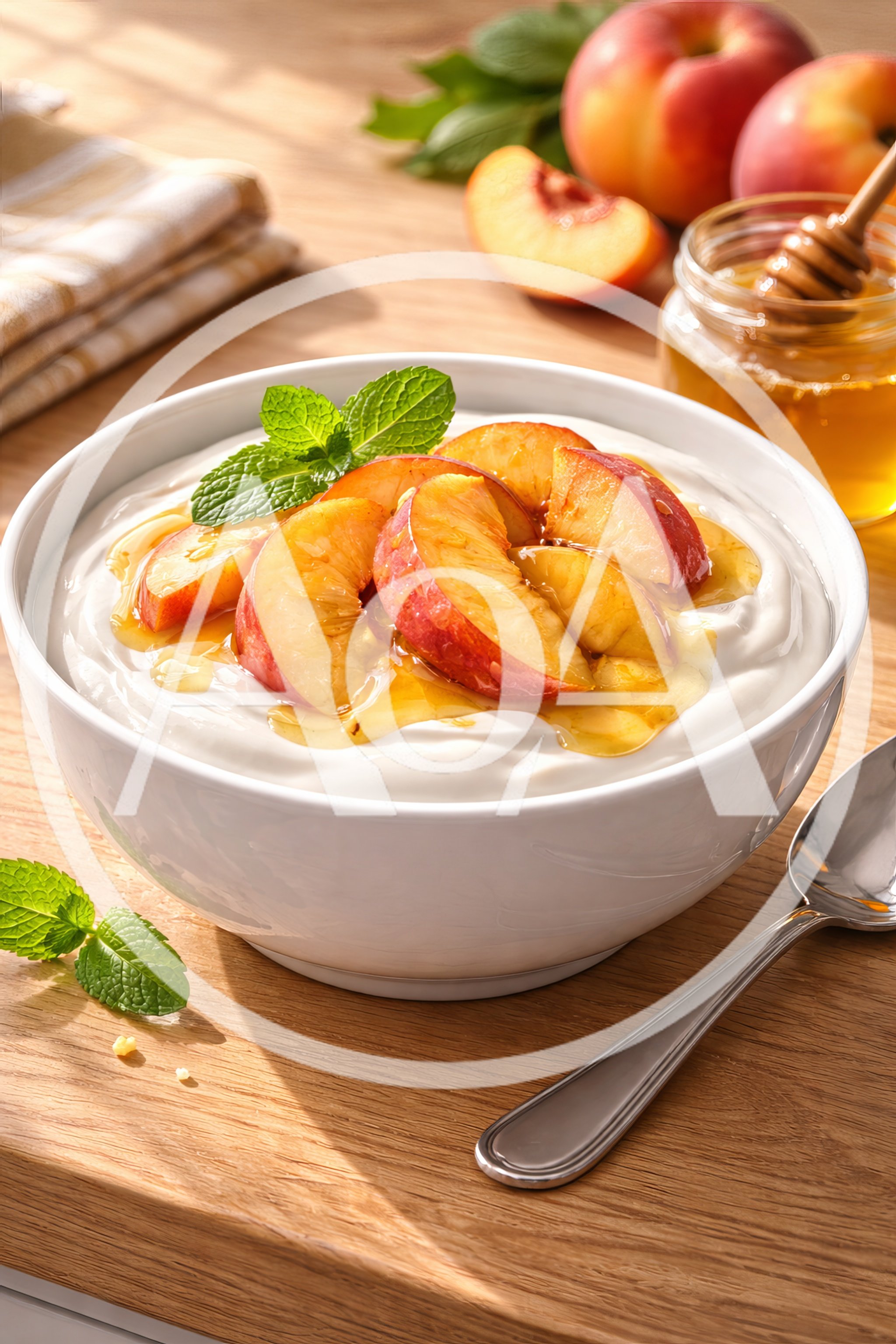 Bowl Of Greek Yogurt With Fresh Peaches And Honey