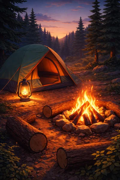 Camping Tent And Campfire In A Forest At Sunset