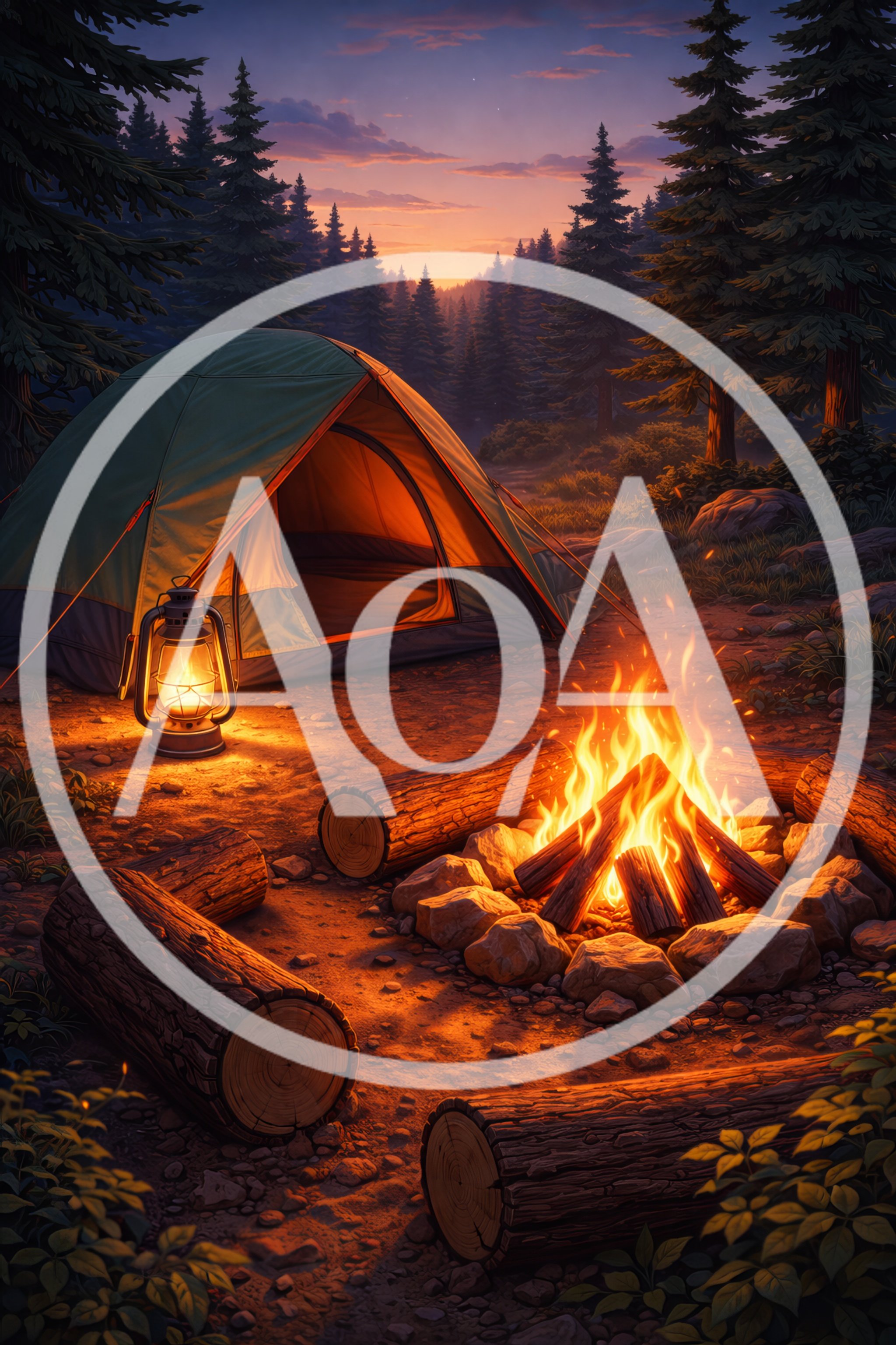Camping Tent And Campfire In A Forest At Sunset