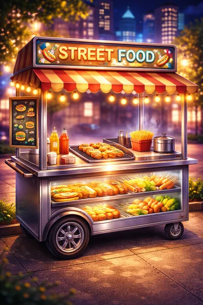 Illuminated Street Food Cart At Night