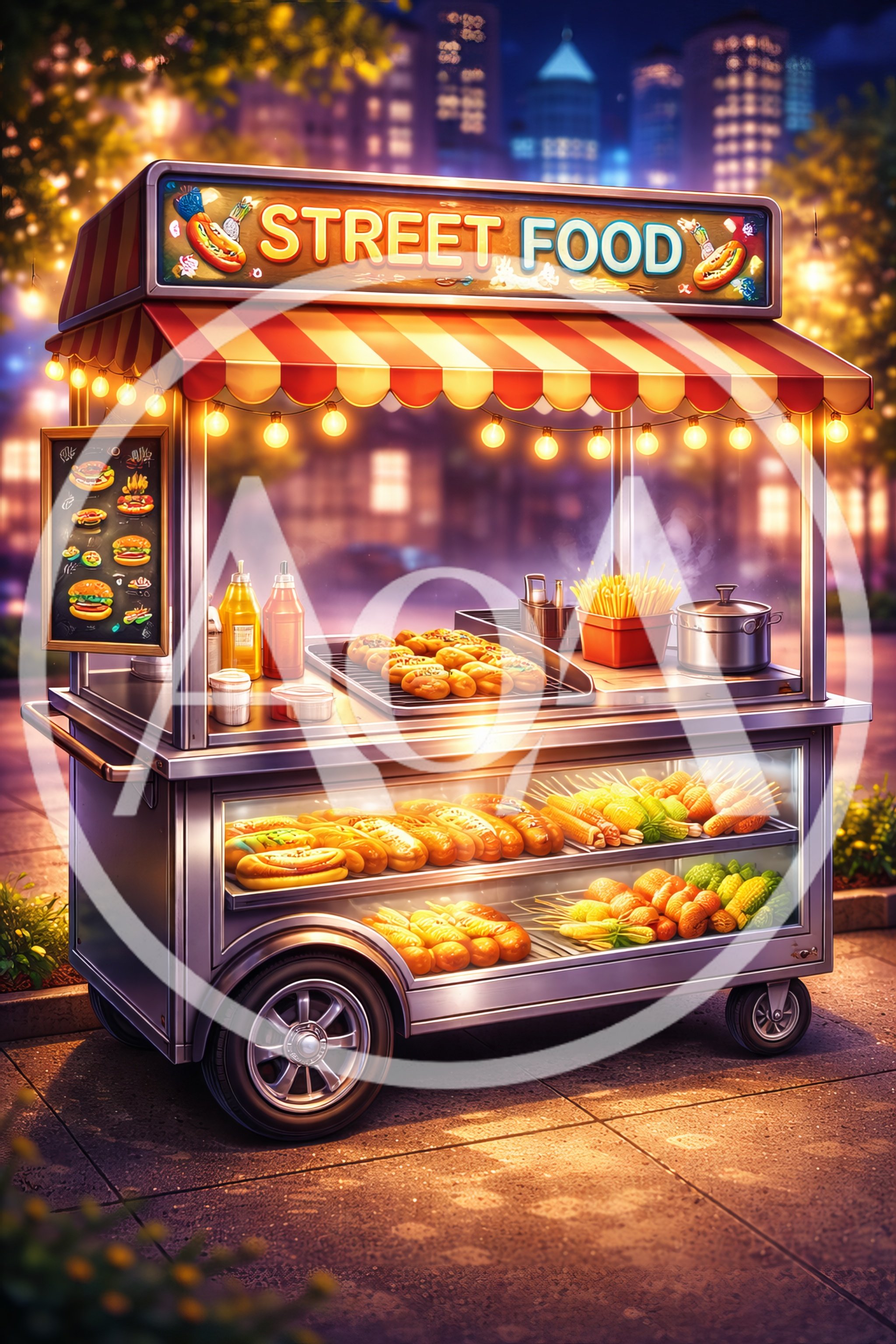 Illuminated Street Food Cart At Night