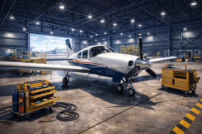 Single Engine Aircraft Undergoing Maintenance In Airplane Hangar