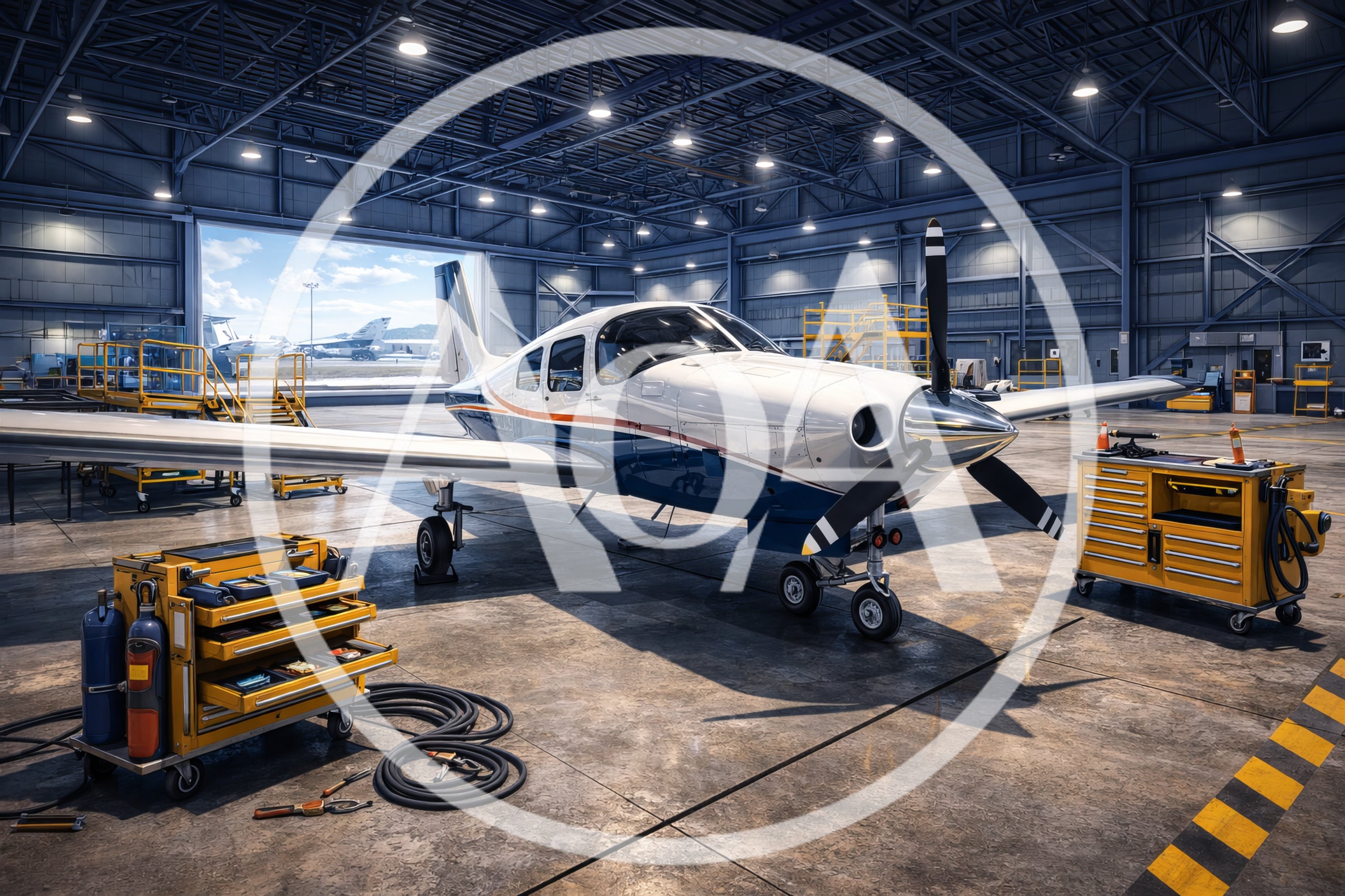 Single Engine Aircraft Undergoing Maintenance In Airplane Hangar