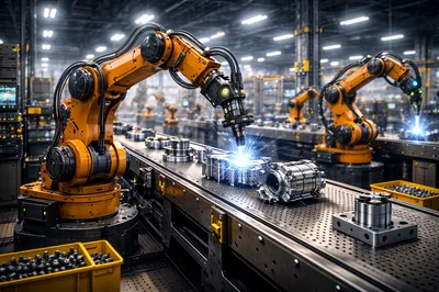Industrial Robotic Arms Performing Precision Welding On Assembly Line