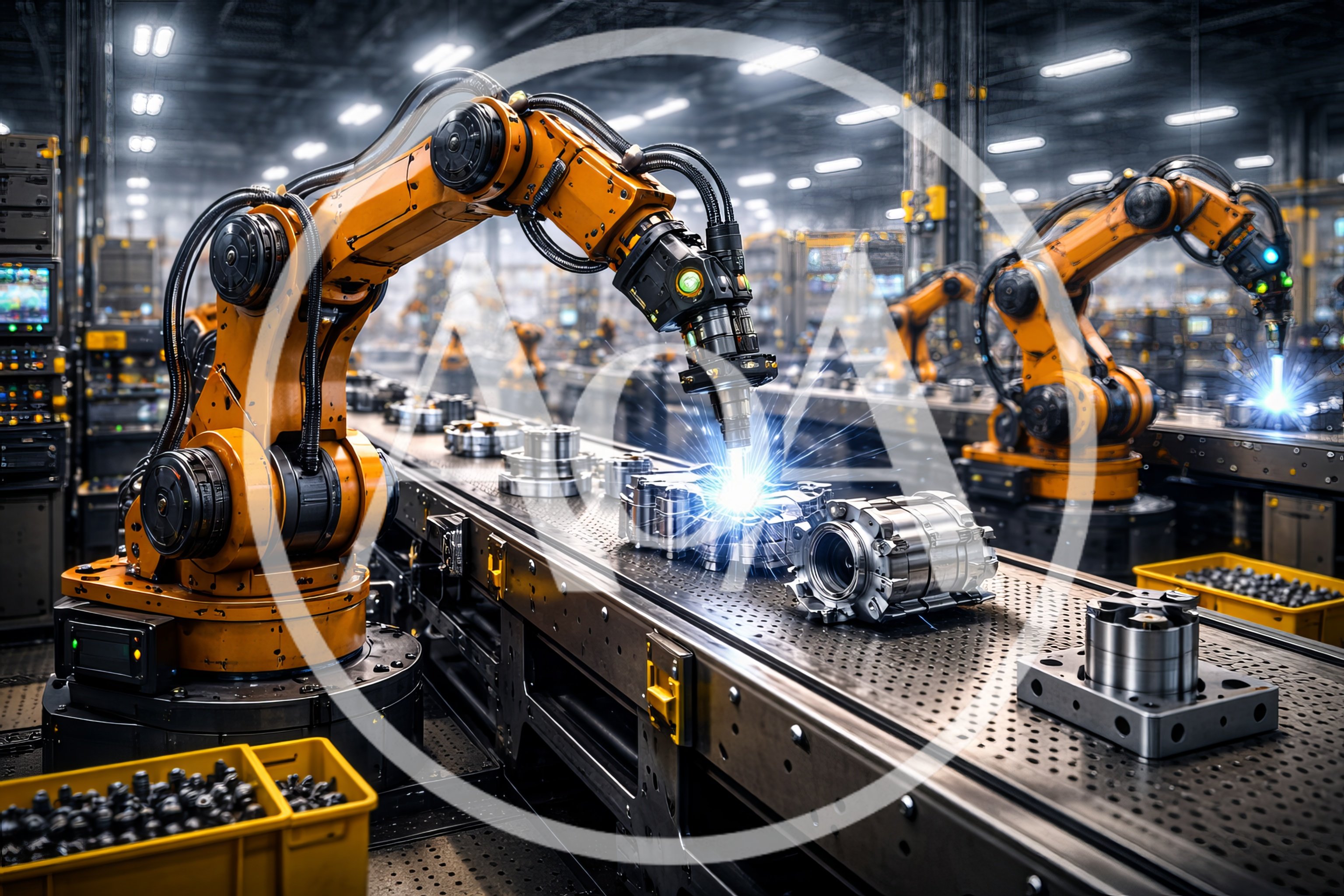Industrial Robotic Arms Performing Precision Welding On Assembly Line