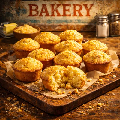 Freshly Baked Cornbread Muffins On A Wooden Board