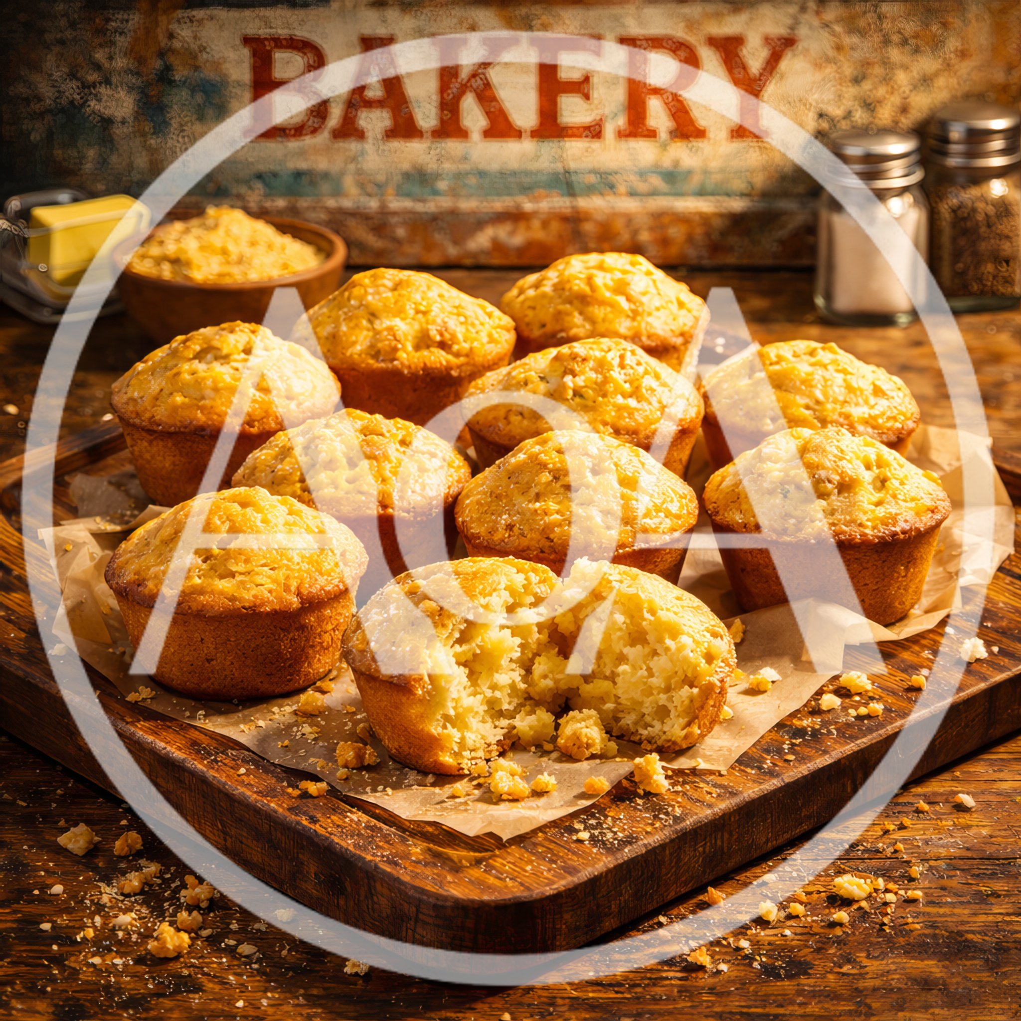 Freshly Baked Cornbread Muffins On A Wooden Board