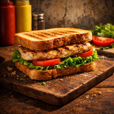 Grilled Chicken Sandwich on a Wooden Cutting Board