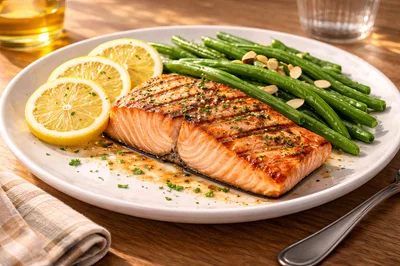 Grilled Salmon Fillet With Green Beans And Lemon