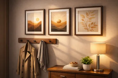Modern Entryway Interior With Wall Art And Coat Rack