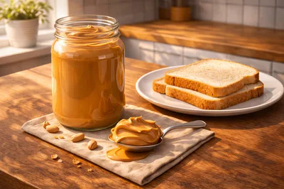 Peanut Butter Jar With Spoon And Bread Slices