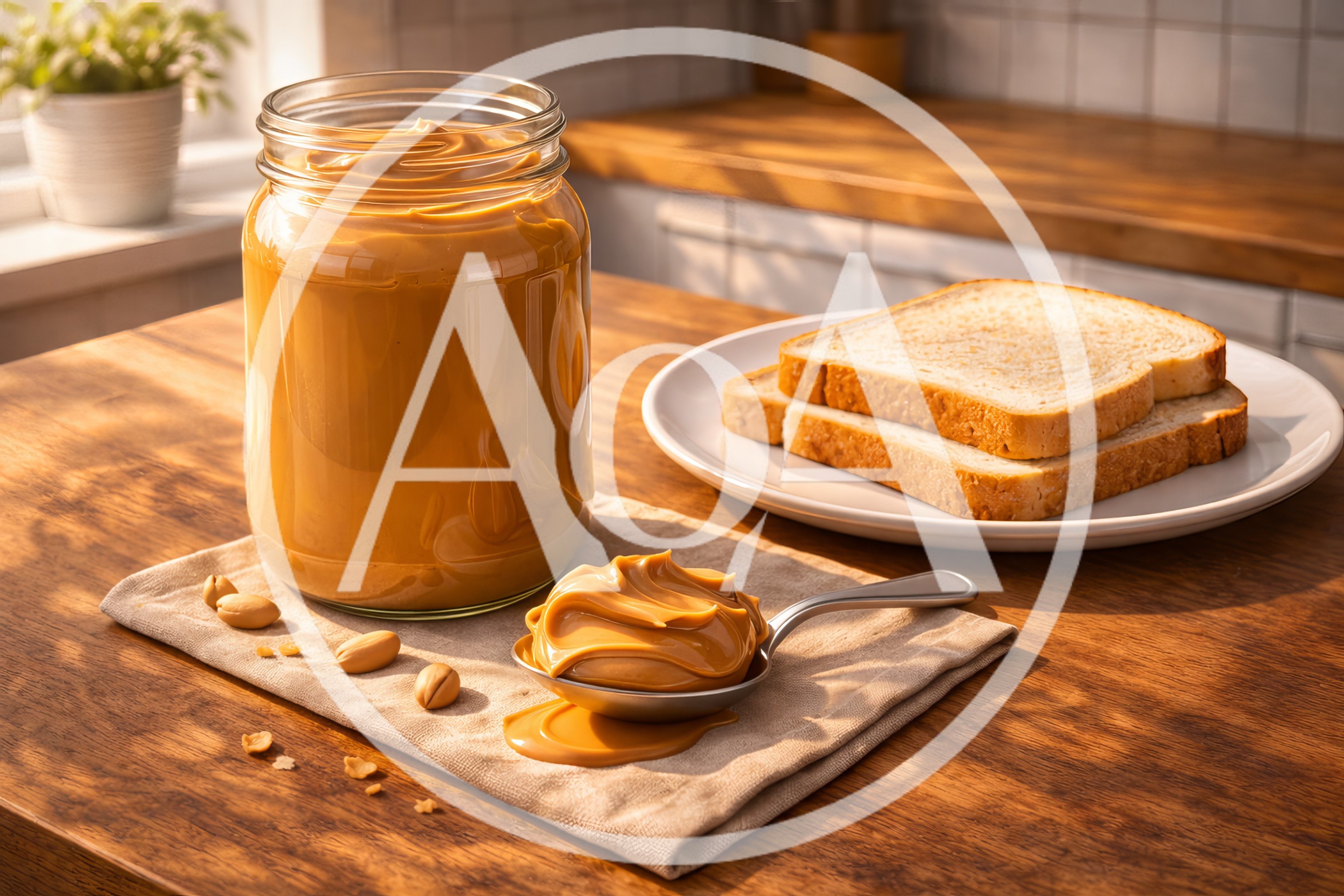 Peanut Butter Jar With Spoon And Bread Slices