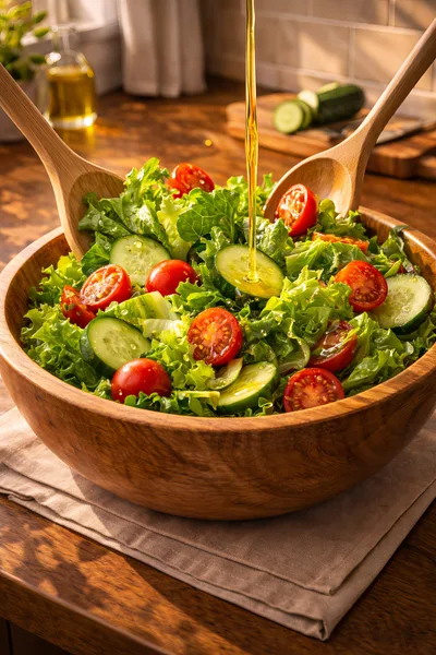 Olive Oil Being Poured Over Fresh Garden Salad