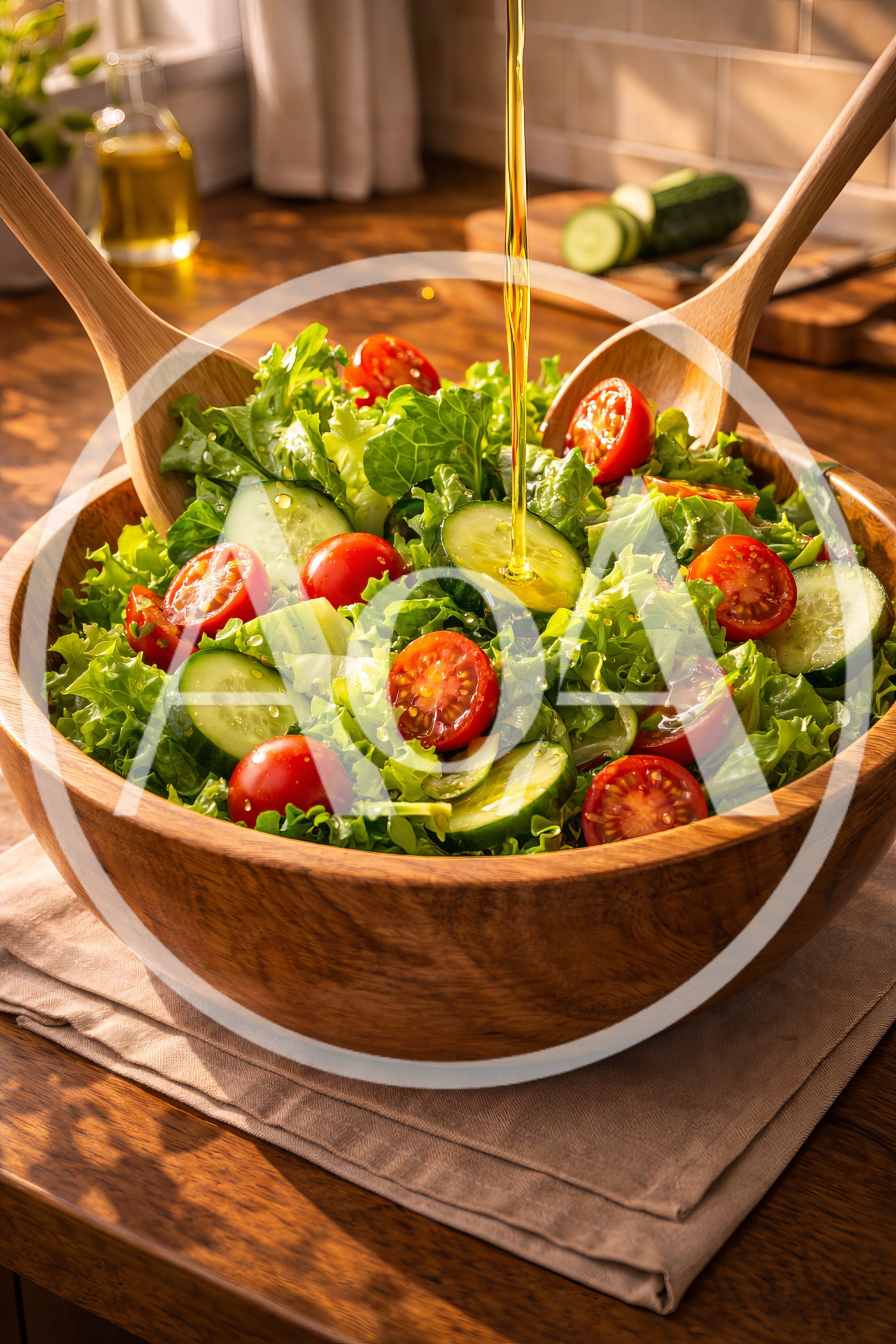 Olive Oil Being Poured Over Fresh Garden Salad
