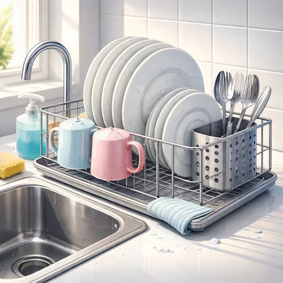 Clean Dishes Drying In A Modern Kitchen Rack