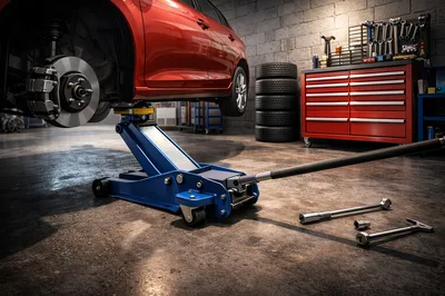 Car Raised On Hydraulic Jack In Auto Repair Shop