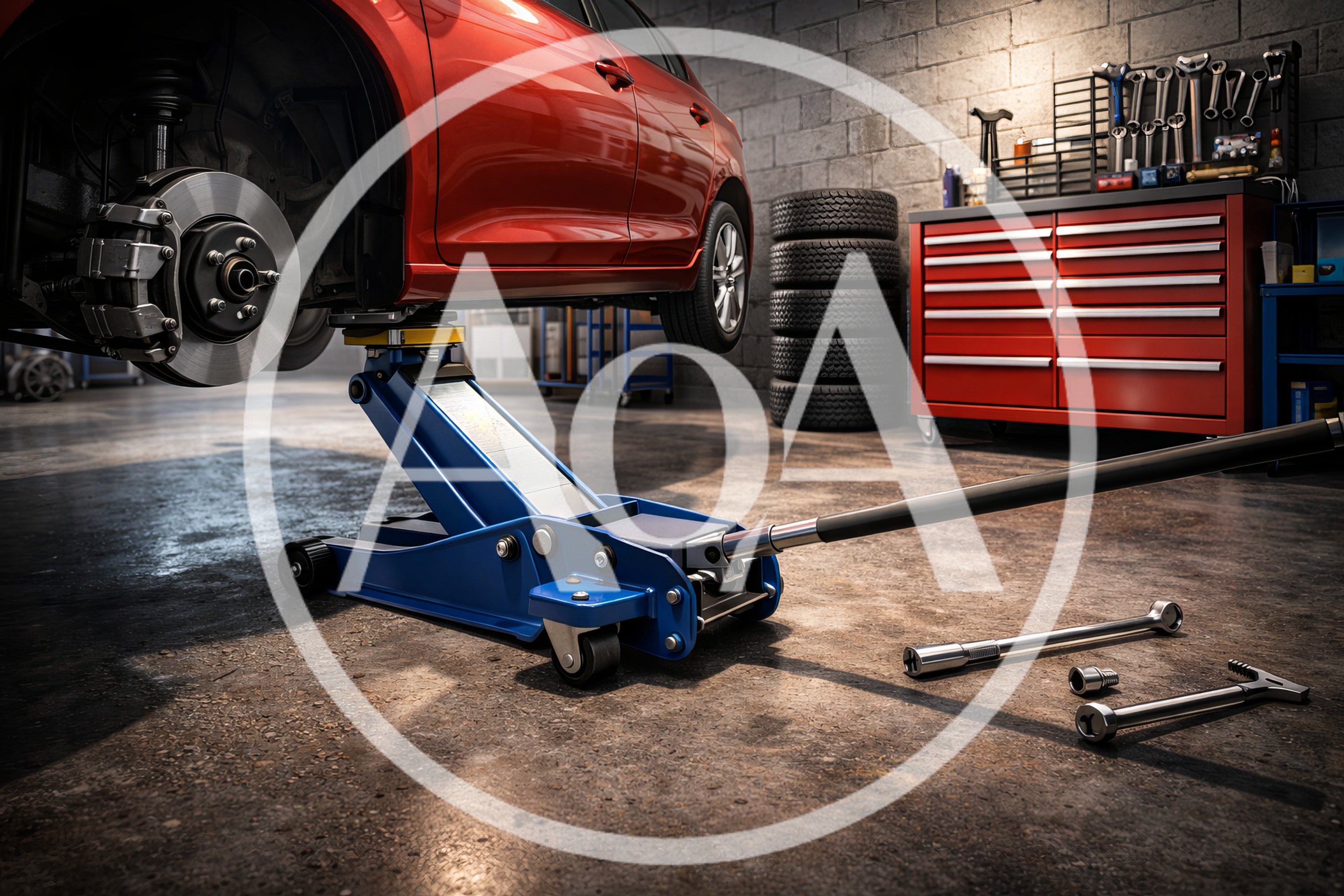 Car Raised On Hydraulic Jack In Auto Repair Shop
