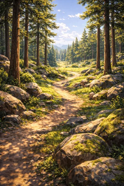 Sunlit Forest Trail Through Rocky Mountain Landscape