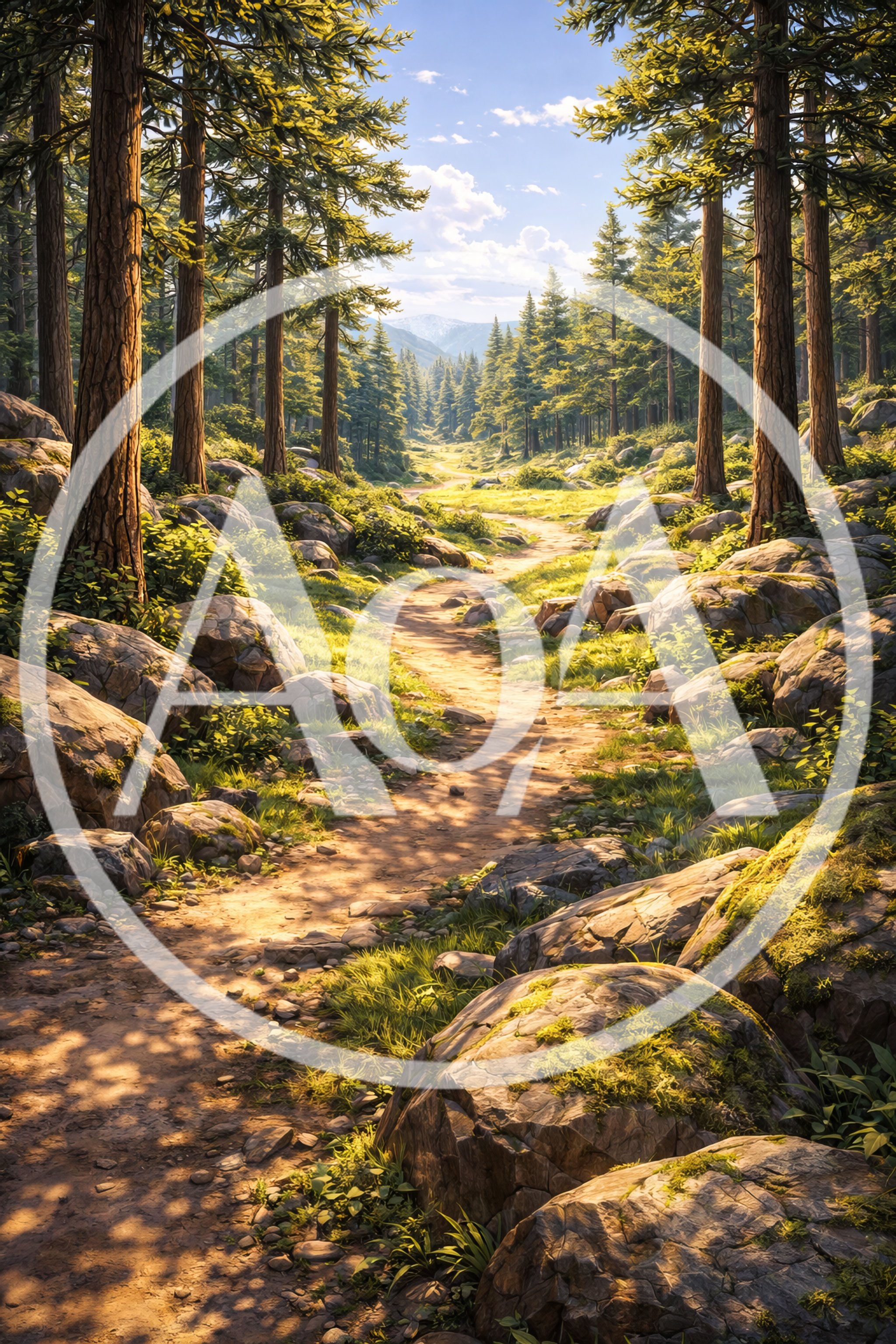 Sunlit Forest Trail Through Rocky Mountain Landscape