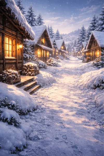 Cozy Winter Village Street With Snow Covered Cabins
