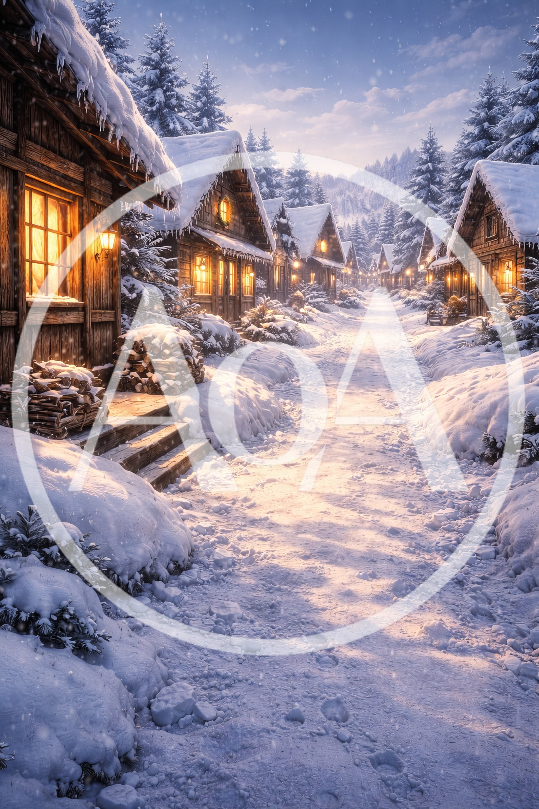 Cozy Winter Village Street With Snow Covered Cabins