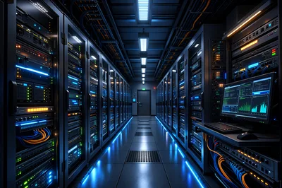 Modern Data Center Server Room With Monitoring Station