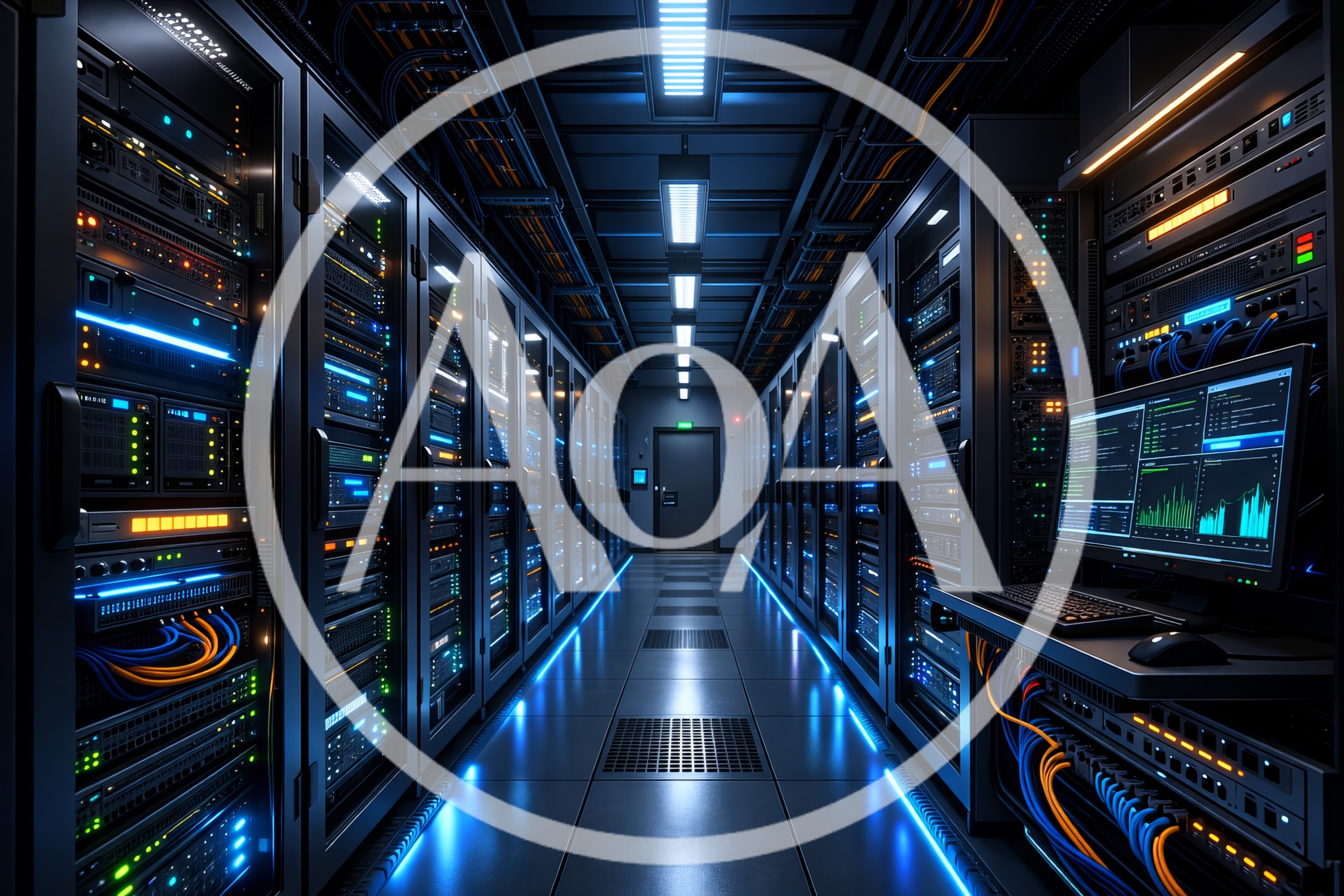 Modern Data Center Server Room With Monitoring Station