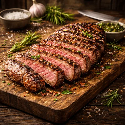 Sliced Grilled Steak On A Rustic Wooden Board