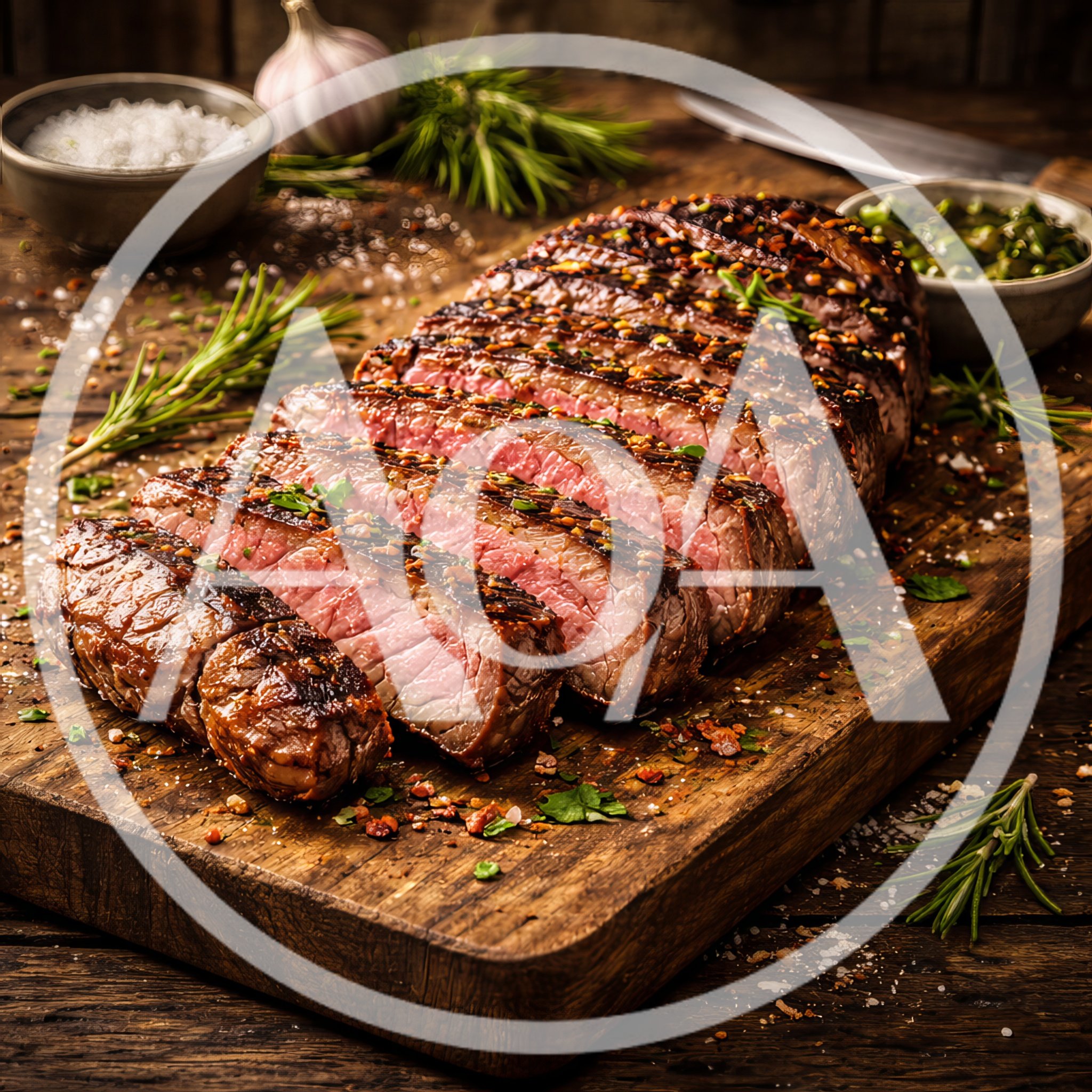 Sliced Grilled Steak On A Rustic Wooden Board