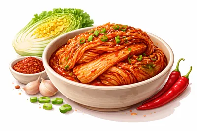 Bowl Of Traditional Spicy Korean Kimchi With Ingredients