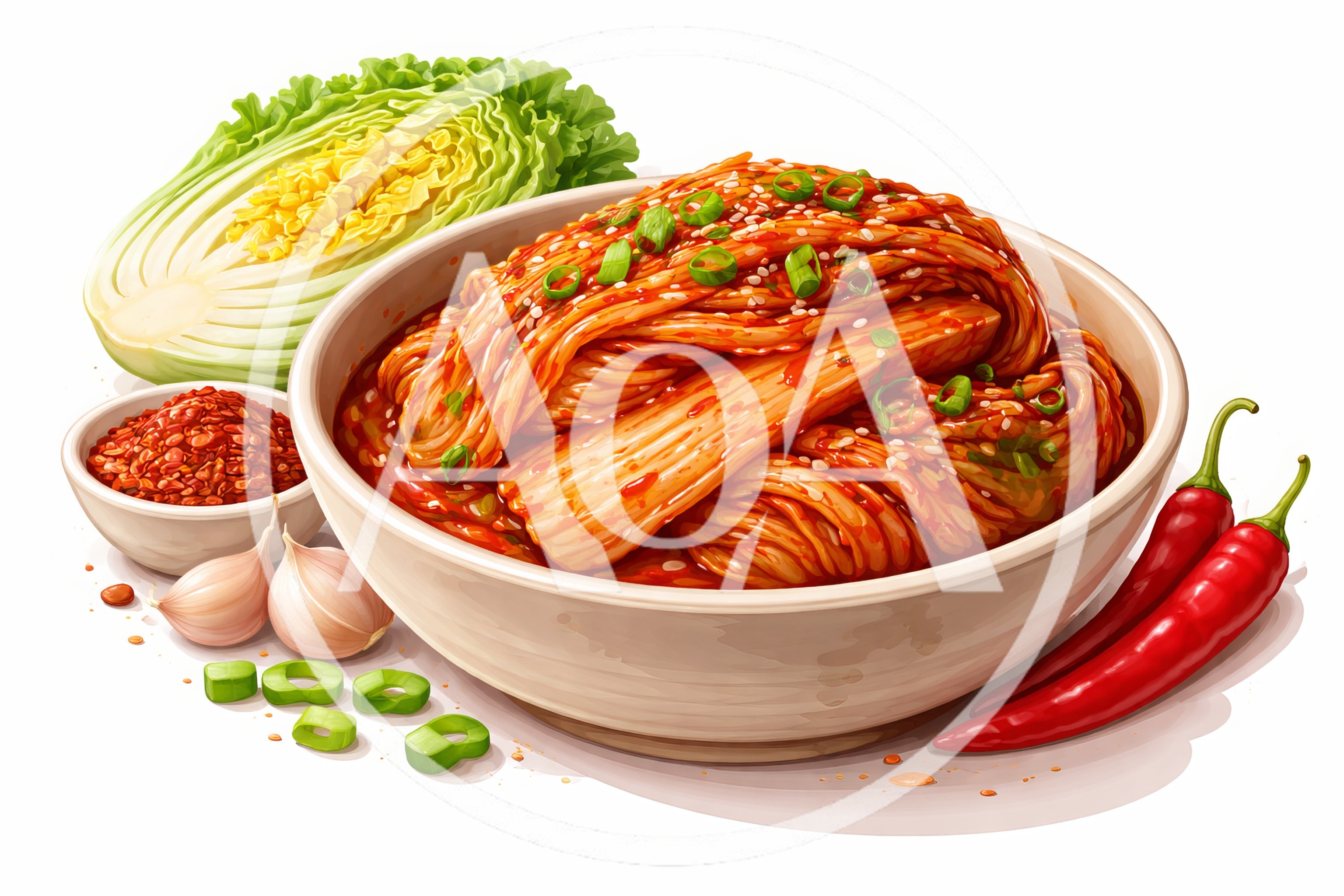 Bowl Of Traditional Spicy Korean Kimchi With Ingredients