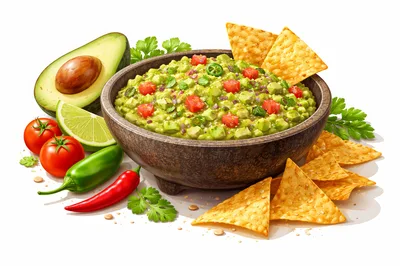 Fresh Guacamole Bowl With Tortilla Chips And Ingredients
