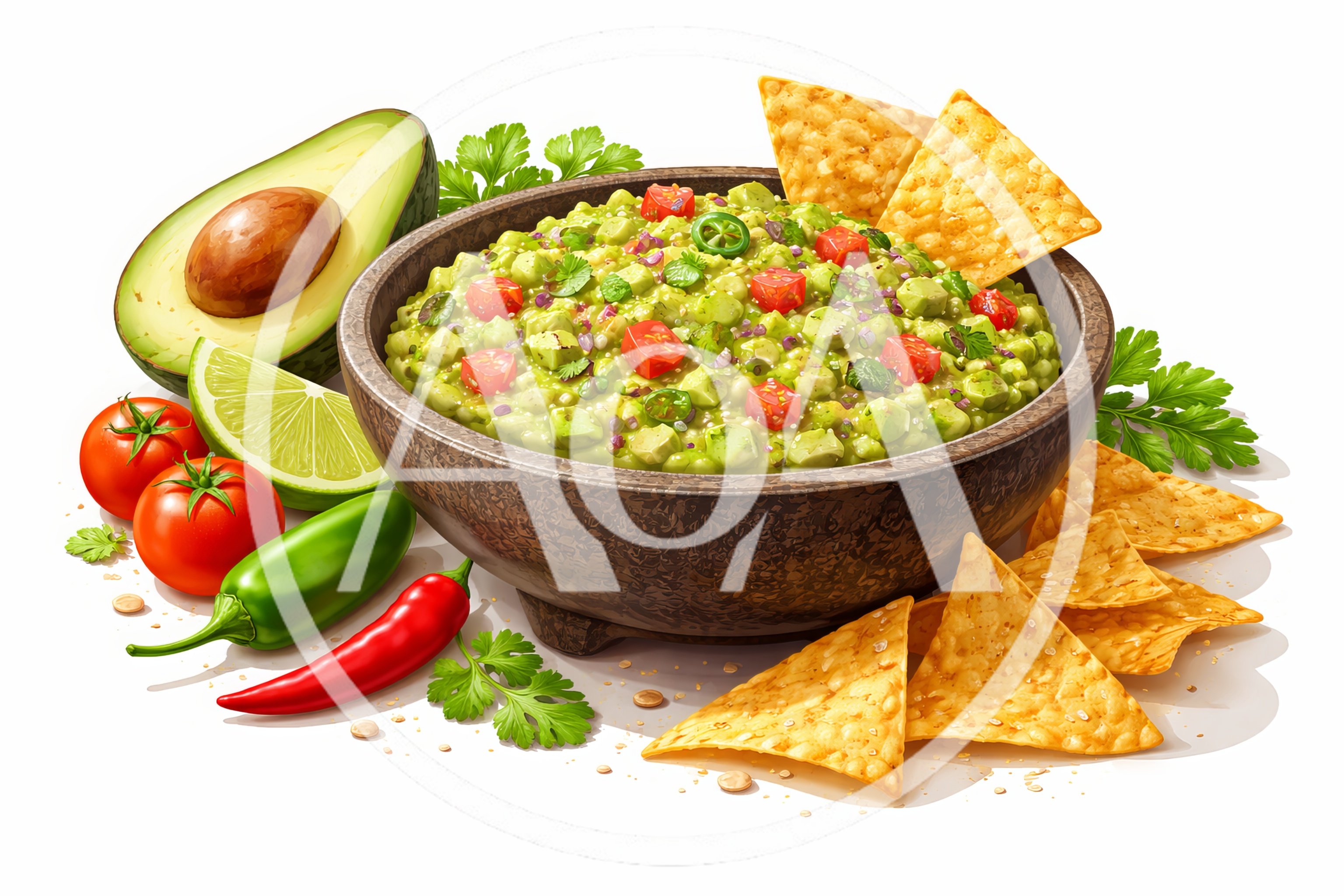 Fresh Guacamole Bowl With Tortilla Chips And Ingredients
