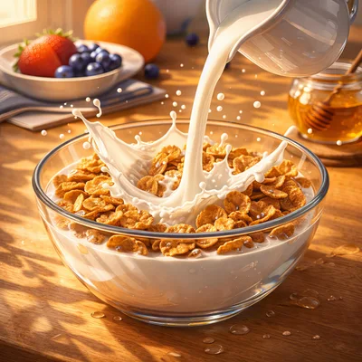 Milk Pouring Into A Bowl Of Crunchy Cornflakes