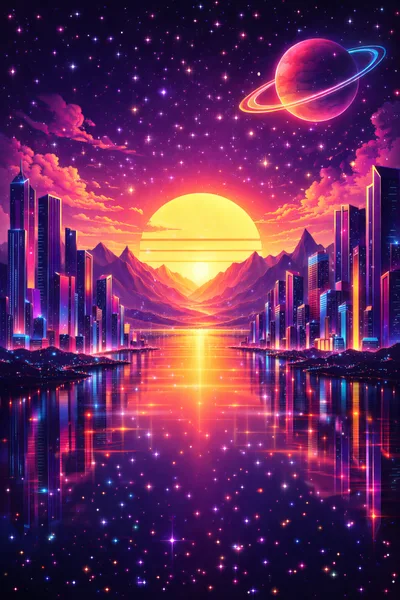 Futuristic Synthwave Cityscape With Glowing Skyline And Planet