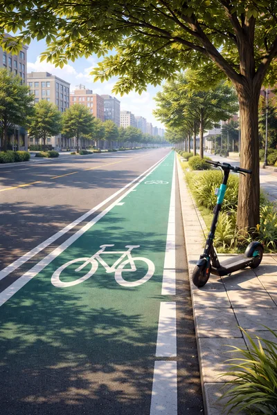 Electric Scooter Parked Beside Urban Bike Lane